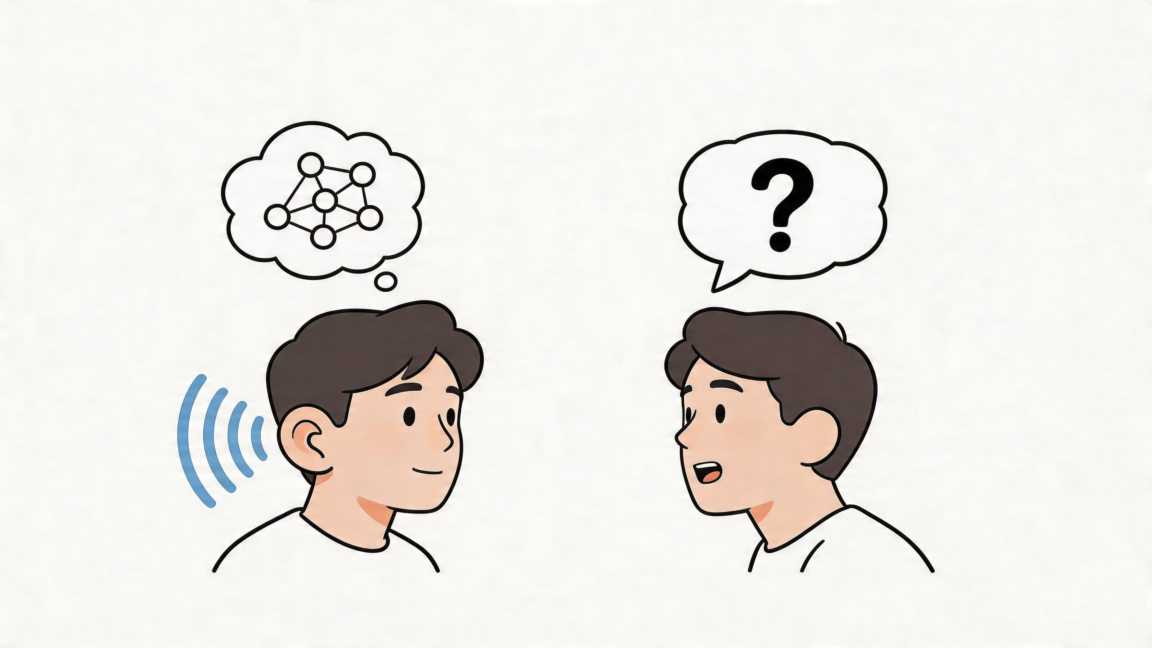 A digital illustration showing one person listening while the other person is confused during a conversation.
