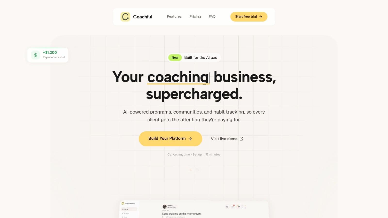A dashboard view from the Coachful platform, showcasing client management and scheduling features for online coaches.